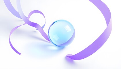 Poster - Futuristic Abstract 3D Render of Glass Sphere and Colorful Ribbons on a Soft Pastel Background – Ideal for Modern Design and Digital Art Projects