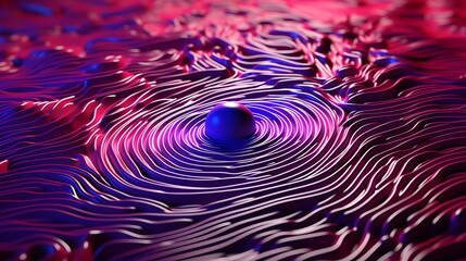 Poster - Abstract blue sphere in a pink and purple wavy landscape.