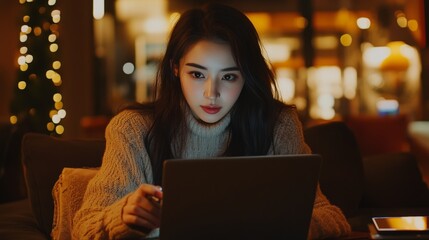 Poster - A woman is sitting on a couch and looking at a laptop