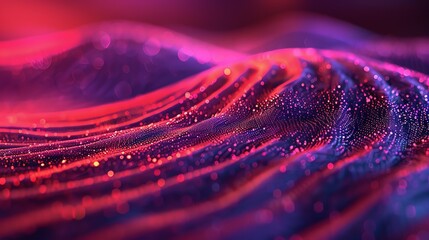 Poster - Abstract wavy 3D digital surface with red, blue, and purple glowing lights.