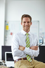 Aufkleber - Confidence, office and portrait of happy man with glasses, pride and online business opportunity at digital agency. Project manager, developer or businessman at desk with arms crossed at tech startup