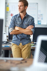 Poster - Man, thinking or designer in office for creativity, business planning or idea for opportunity at tech. Creative person, arms crossed or waiting in agency with daydreaming, industry vision or ambition
