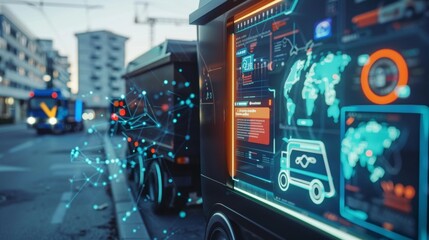Poster - Futuristic delivery trucks are managing logistics with advanced technology displayed on a screen, optimizing efficiency and streamlining transportation in a bustling city street environment