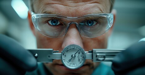 Poster - Close-up of an engineer examining machinery with intense concentration