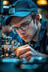 Poster - Focused engineer in glasses working on precision mechanical parts