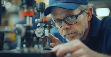 Poster - Experienced engineer focused on machine work inside a factory setting
