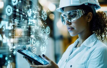 Poster - Female engineer uses digital tablet in industrial factory setting