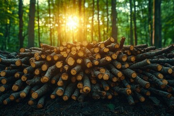 Wall Mural - A Pile of Cut Logs in a Sunlit Forest