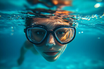 Photo Underwater Woman Swimming Pool Goggles Summer Blue Water