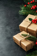 Wall Mural - Two rustic brown wrapped Christmas gifts with holly and pine sprigs on a black background.