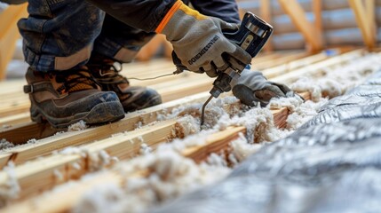 Wall Mural - A closeup of a worker using a staple gun to secure the thermal insulation in place ensuring a proper seal.