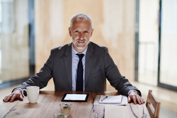 Poster - Mature man, business and smile at office on portrait for planning and corporate meeting in Germany. Male person, boss and happy at boardroom with strategy for company growth and opportunities