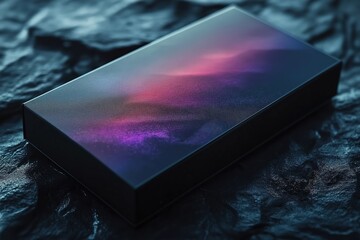 Poster - A sleek black box resting on textured stones with colorful light reflections during twilight