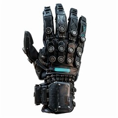 Poster - Futuristic bionic hand with a sleek, black design is shown making a gesture with four fingers raised
