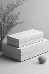 Poster - Minimalist still life with stacked white boxes and an egg on a light-colored surface