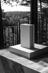 Poster - A minimalist product on a large book against a serene natural backdrop in black and white