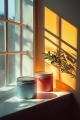 Poster - Sunlight illuminating colorful jars on a windowsill with shadows and a green plant in the evening
