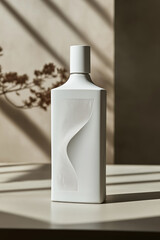 Poster - Elegant white bottle with textured design displayed on a table illuminated by soft sunlight