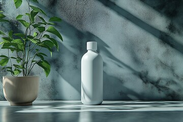 Poster - Minimalist interior showcasing a white bottle and a plant in a sunlit room with textured walls