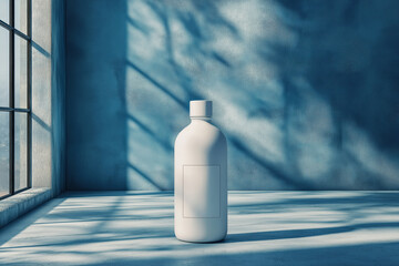 Poster - A minimalist white bottle on a blue concrete floor with soft shadows from a window