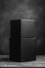 Poster - Two minimalist black boxes stacked on a wooden table against a dark backdrop during dim lighting