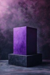 Poster - A vibrant purple geometric sculpture on a black pedestal against a textured moody background