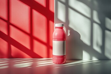 Poster - Brightly colored bottle of drink positioned against contrasting red and white walls in sunlight