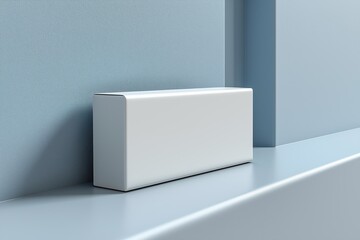Poster - A minimalistic white block resting on a smooth surface against a textured blue wall