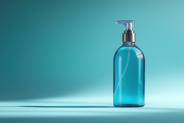 Poster - A clear blue pump bottle on a blue background with a smooth surface and soft shadows