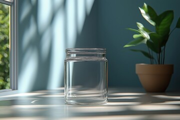 Poster - A glass jar placed on a table under natural light near a window with a plant in the background