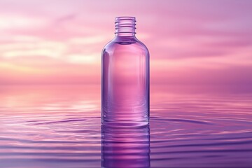 Poster - Colorful glass bottle standing in tranquil water during a beautiful sunset at twilight