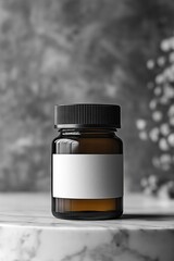 Poster - Aesthetic amber glass jar on a marble surface with a blank label against a blurred background