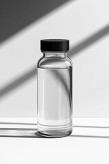 Poster - Clear glass bottle of water in natural light and shadows, set in a minimalistic space