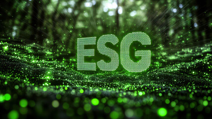 Poster - Digital Forest with Green Matrix Code Forming ESG: Environmental, Social, and Governance