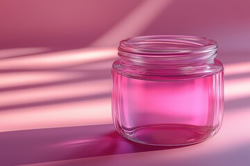Poster - A clear glass jar filled with pink liquid on a soft pink background with gentle shadows
