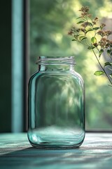 Poster - A clear glass jar on a table near a window with soft light and greenery in the background
