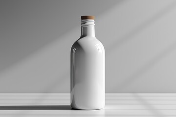 Poster - Simple white bottle with cork on a minimalist surface in soft natural light