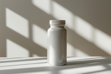 Poster - White bottle casting shadows on a table in bright afternoon light