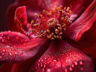 Poster - Intricate Macro Study of a Red Flower with Dew Drops