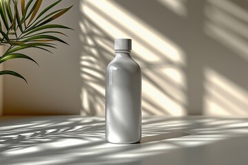 Poster - A white water bottle sitting on a table with sunlight casting striped shadows indoors
