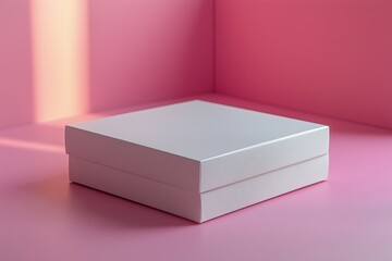 Poster - A simple white box with a smooth texture positioned in a pink corner with soft lighting