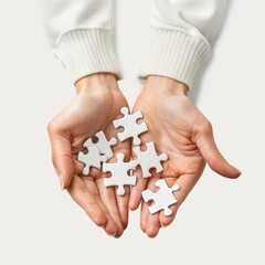 Poster - Woman holding seven jigsaw puzzle pieces in her hands, symbolizing problem solving