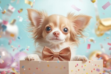 Sticker - Pet streamers and confetti for a New Year celebration concept. An illustration of  cute Chihuahua with a bow tie sits in a gift box, surrounded by colorful confetti and balloons