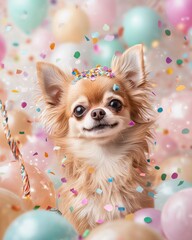 Wall Mural - Pet streamers and confetti for a New Year celebration concept. A festive Chihuahua surrounded by colorful balloons and confetti, exuding joy and celebration