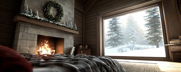 Poster - holiday fireplace in a cozy cabin, christmas wreath above, flannel blankets nearby, warm amber light