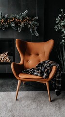 Poster - Charming vintage fireplace decorated for Christmas, worn leather armchair nearby, cozy light, plaid blankets, pine garland with twinkling lights, editorial photography