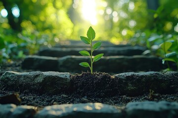 Wall Mural - A Single Sapling Sprouting on a Stone Path in Sunlight