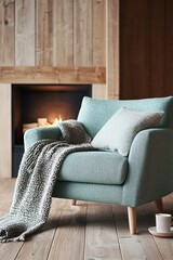 Poster - rustic fireplace corner in a cozy holiday-themed room, soft plush armchair, blanket, and cup of hot 