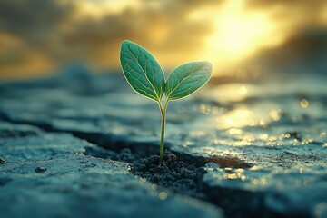 Wall Mural - A Single Sprout Emerging from Cracked Earth at Sunset