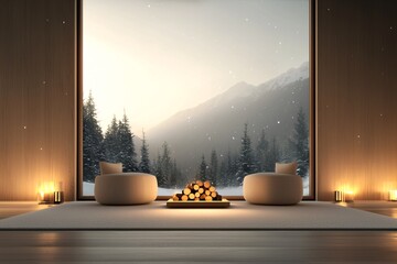 Poster - Festive Christmas fireplace scene, with logs crackling, soft armchairs around, snow gently falling outside a nearby window, cozy and cheerful atmosphere